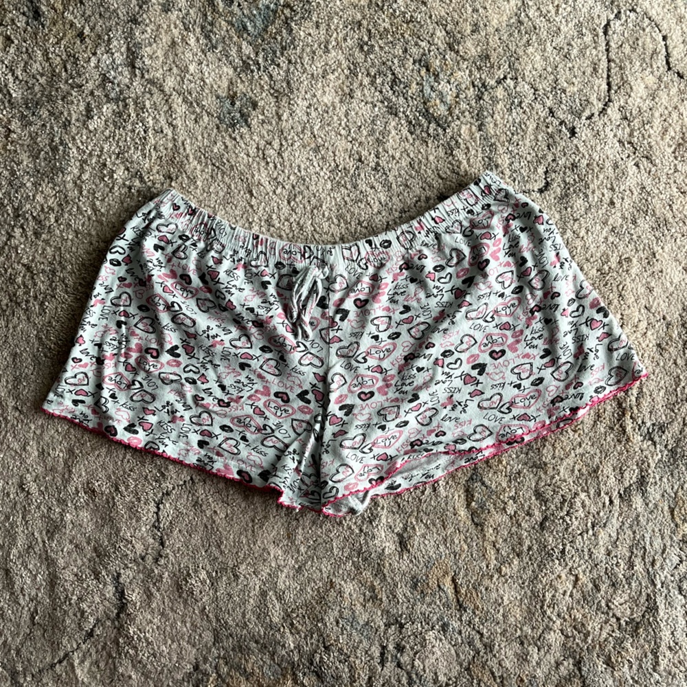 pink and grey patterned pajama shorts